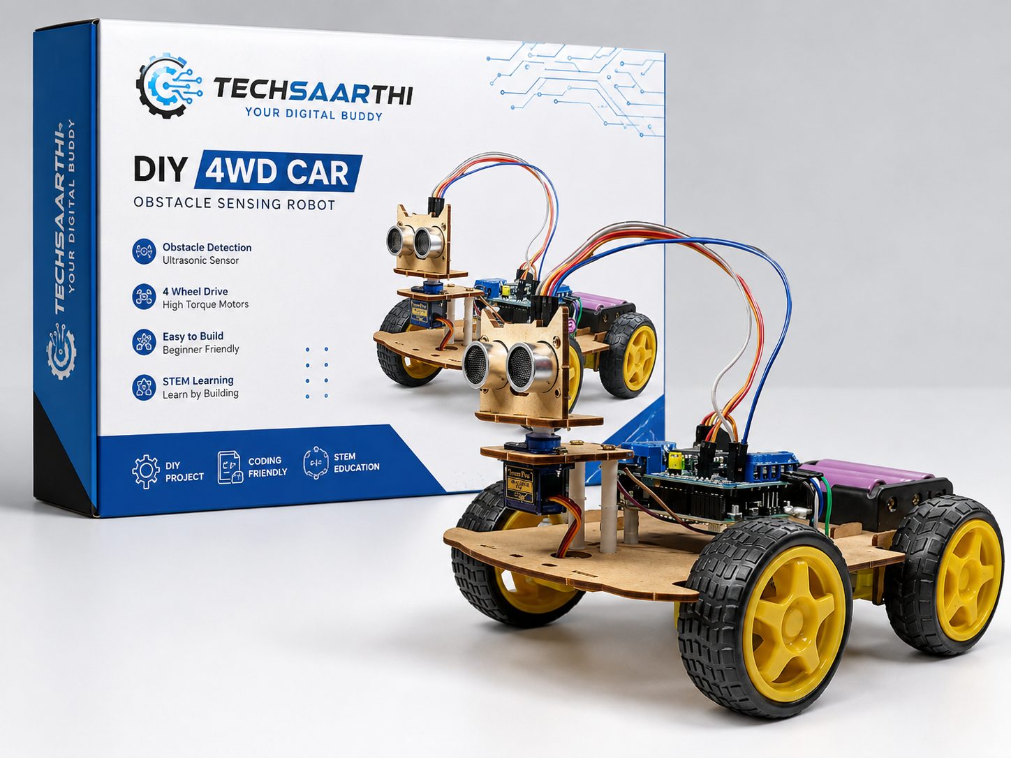 4Wd Obstacle Avoiding, Robotics Kits, Science Kits for All, Motor, Arduino Uno, Switch, Wire, Battery Case, Motor Drive, Chassis, Wheels